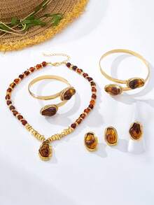 6pcs Women's Jewelry Set, Exaggerated Vintage Elegant Asymmetric Pearl Pendant Necklace, Stud Earrings, Bracelet, Arm Cuff, Ring Set, Suitable For Beach Vacation, Party, Banquet, Daily Wear - Amber - View 4