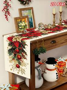 1件裝聖誕桌旗，波印花、冬青、紅漿果與松枝圖案，聚酯纖維 180*35cm 聖誕桌布，桌布，聖誕快樂裝飾，聖誕裝飾，聖誕餐桌裝飾，廚房餐桌裝飾，節日派對裝飾，冬季居家裝飾，室內外通用 - 彩色 - 查看 12