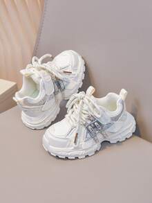 1 Pair New Girls' Sequin Rhinestone Thick Sole Sneakers, Casual Fashion Breathable Height-Increasing Chunky Sneakers - Beige - View 9