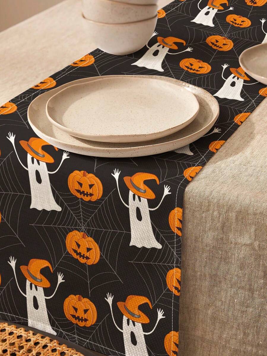1pc Halloween Pattern Printed Linen Table Runner, Placemat, Suitable For Holiday, Party, Birthday, Dinner, Kitchen Dining Table Decoration, Shoe Cabinet Storage Cabinet Cover, All Season Room Decor, Home Textile Decoration Table Runner, Placemat - Multicolor - View 1