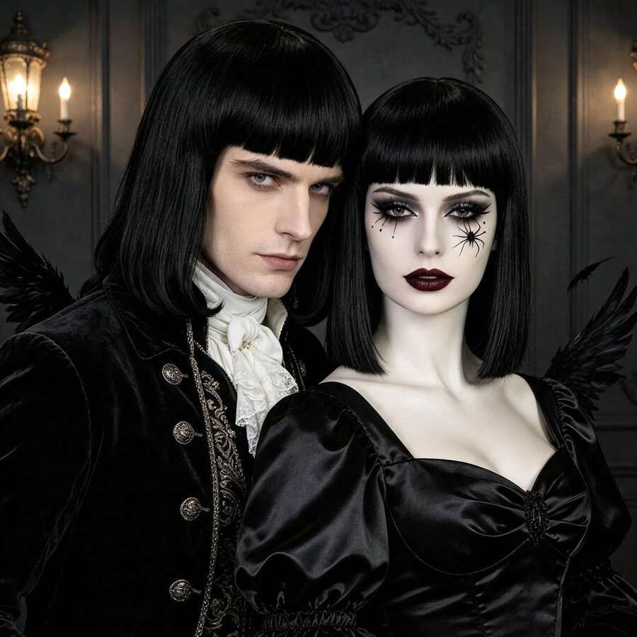 Black Straight Bob Wig With Bangs, Heat‑Resistant Synthetic Hair Wig, Gothic Halloween Cosplay Party Short Short Shoulder Length Wigs For Men Women - Black - View 1