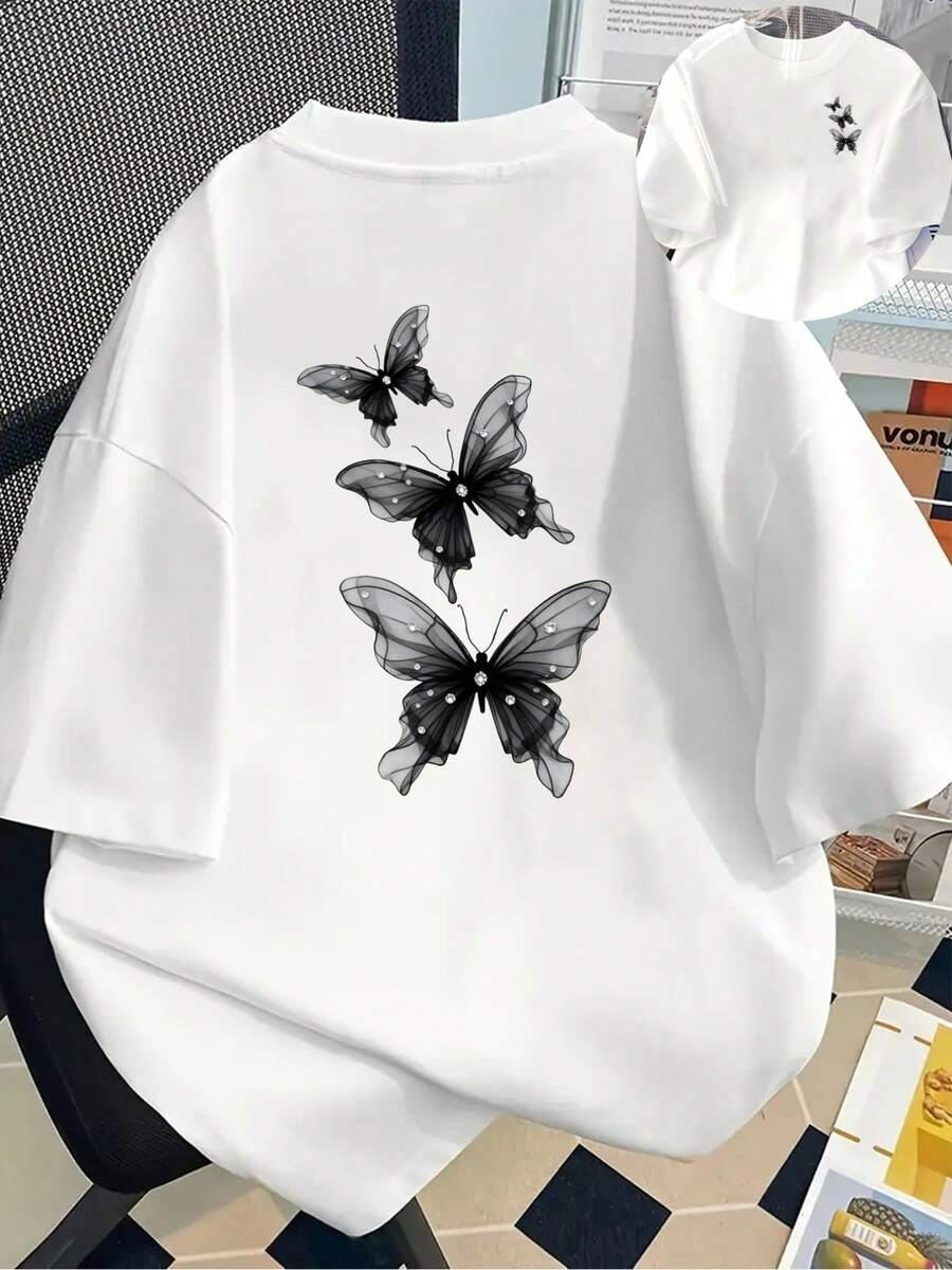 [Impresión a Doble Cara] Camiseta de Manga Corta Estampada - Dreamy, ¡La Elección Perfecta para la Moda de Primavera y Verano! (Sin lentejuelas) - Blanco - Ver 1