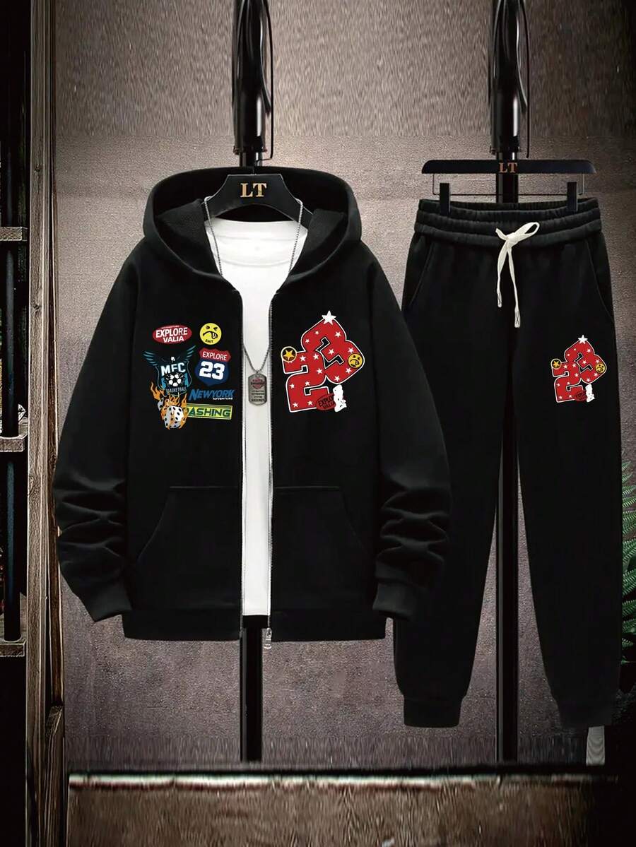 Men's Plus Size Autumn/Winter Creative 23 Number & Letter Print Casual Sweatshirt Hoodie + Sweatpants Set - Black - View 1