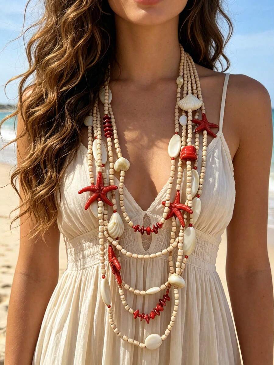 1pc Bohemian Ocean Holiday Style Acrylic Faux Starfish & Shell Multi-Layer Beaded Long Necklace, Suitable For Women Beach Vacation, Photography, Outfit - X-1672 Long Starfish Necklace - View 1