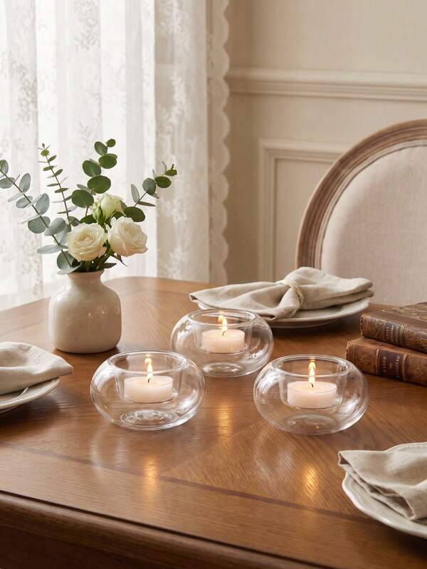 Elegant 3/6pcs Glass Candle Holder Set, Round Design, Stylish And Unique, Suitable For Weddings, Holidays, Home Decor, Decorative Style, Luxury Home Decor, Bedroom Decor, Wedding Anniversary, Hospitality, Halloween Decor, Autumn Decor, Wedding Supplies, Vintage Decor, Candle Holder Centerpiece, Living Room Decor, Aromatherapy Diffuser, Scented Candles, Wall Decor, Dining Table Decor, Wedding Anniversary Coordination, Room Decor, Reception Table Arrangement, Welcome New Baby, Ramadan