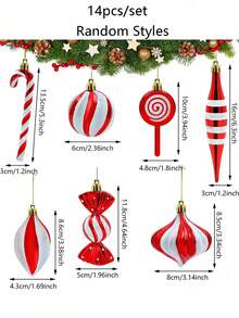 14pcs Festive Christmas Candy Cane Balls Ornament Set - Red & White Striped And Polka Dot Plastic Hanging Pendant For Holiday Tree, Window, Home & Office Decor, Candy Theme Christmas Gift Decorations - Multicolor - View 11