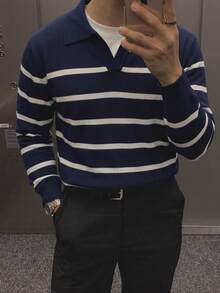 Men's Striped Knit Long Sleeve Polo Shirt, Casual Slim Fit Top Suitable For Business And Daily Wear - Navy Blue - View 4
