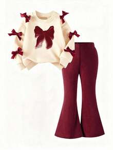 Tween Girl Bow Pattern Print Crew Neck Sweatshirt And Flare Pants - Apricot - View 2