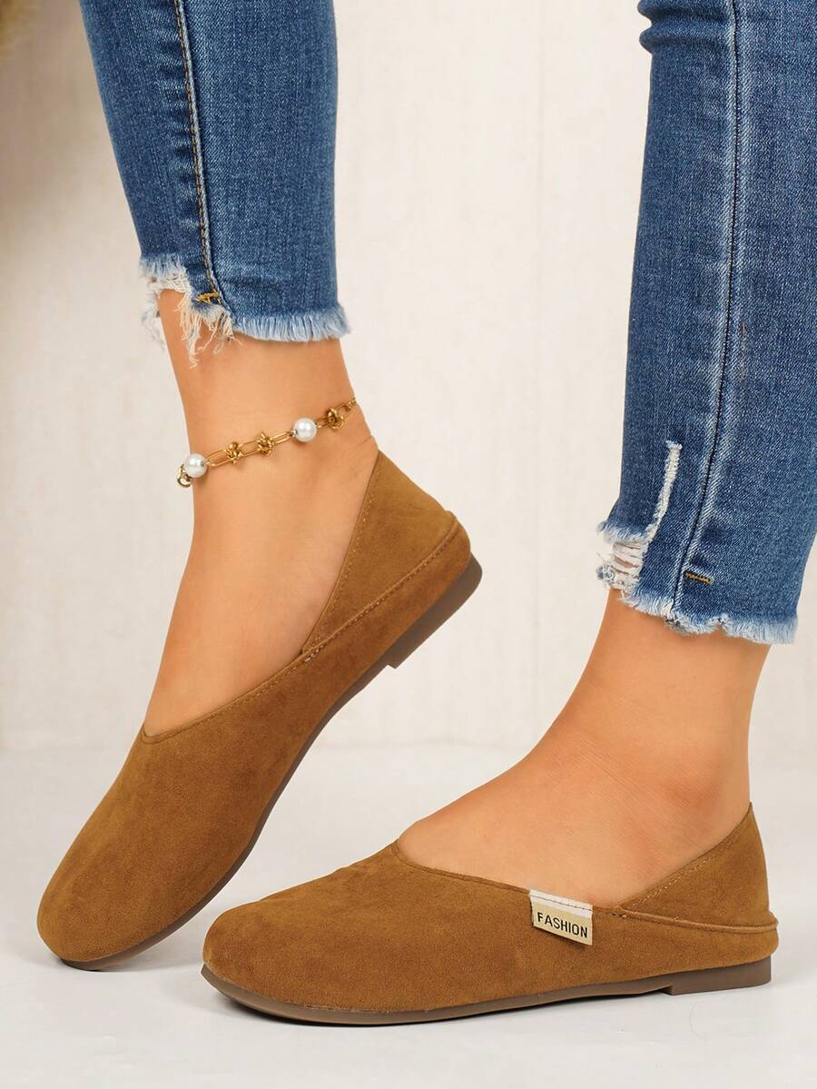 Women's Round Toe Suede Flat Slip-On Shoes, Spring/Autumn Versatile Boho Style Low-Cut Driving Loafers - Brown - View 1