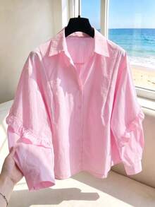 Solid Color Front Button Ruffle/Flounce Trim Blouse, Long Sleeve Shirt For Women, Spring Summer Autumn - Baby Pink - View 9