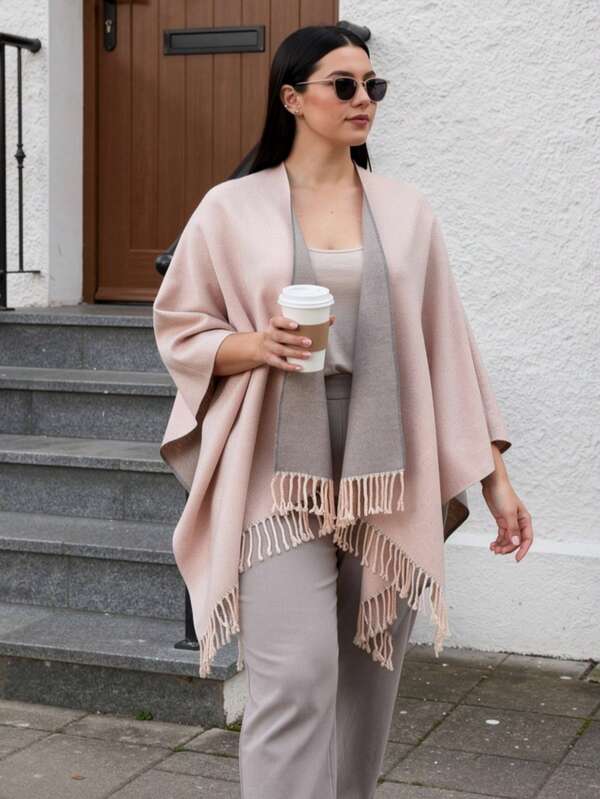 1pc Women's Reversible Dual-Color Solid Color Open Front Shawl Cape, Autumn/Winter Plus Size Tassel Home Robe Wearable Blanket, Minimalist Fashion Versatile, Suitable For Autumn/Winter Evening Wear