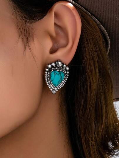 1 Pair Vintage Silver Color Heart Shape Simulated Turquoise Stud Earrings, Western Bohemian Statement Earrings Country Rodeo Accessories Gifts ﻿