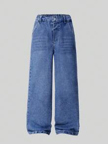 Boys' Fashion Sand-Washed Casual Wide Leg Loose Blue Denim Jeans, Suitable For Back To School And Streetwear - Blue - View 2