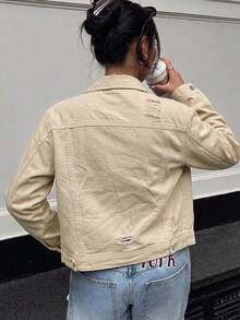 Women's Vintage Washed Denim Shacket, Distressed Detail Design, Short Long Sleeve Shirt Collar Jacket, Autumn Fashion Choice Casual - Khaki - View 3