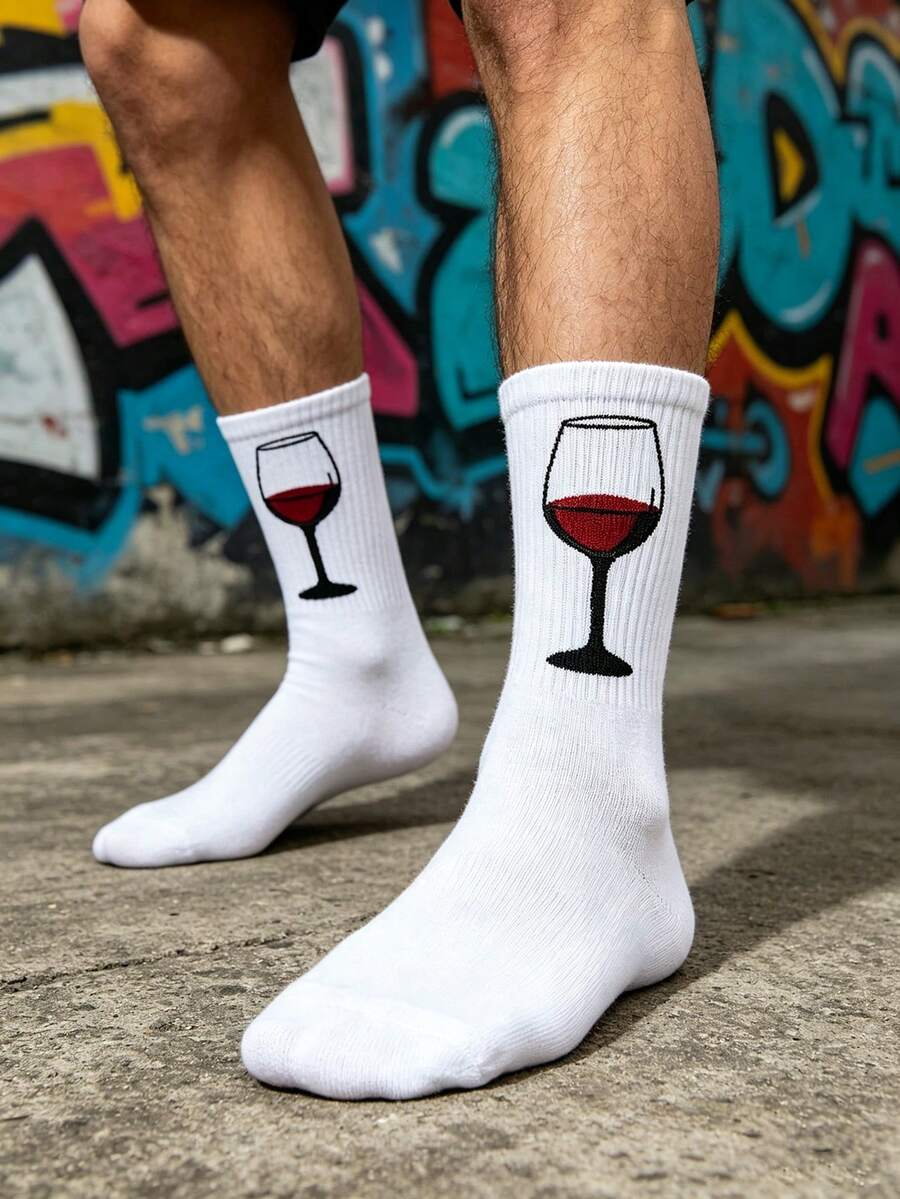 1 Pair Men's White Mid-Calf Socks With Red Wine Glass Pattern, American Street Style Socks, Suitable For Daily Wear/Skateboarding/Fun Gift - Multicolor - View 1