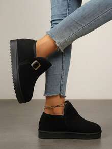 Botas de Tornozelo de Inverno com Fivela, Forro Térmico, Sola Grossa, Plus Size, Ajuste Largo, Slip-On, Sapatos Quentes para Mulheres - Preto - Visão 1