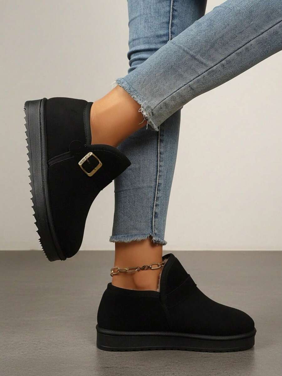 Botas de Tornozelo de Inverno com Fivela, Forro Térmico, Sola Grossa, Plus Size, Ajuste Largo, Slip-On, Sapatos Quentes para Mulheres - Preto - Visão 1