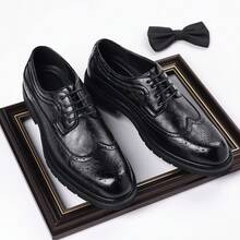 Men's Formal Brogue Lace-Up Thick Sole Derby Shoes, British Style Business Casual Versatile Commuter Shoes - Black - View 2