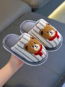 1 Pair Cute Bear & Rabbit Kids Fuzzy Slippers, Winter Indoor House ...