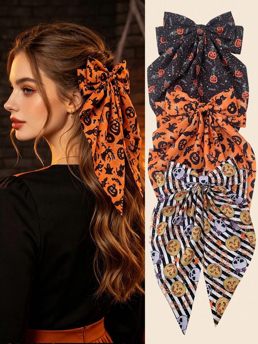 Women's Halloween Bow Hair Clip Set, Pumpkin Bat Ghost Print Long Tail Bow Hair Clips For Women And Girls, Halloween Party Cosplay Daily Hairstyle Accessories, Women's Hair Accessories, Street Photography Hair Accessories, Halloween Costume, Matching Halloween Devil Party Costume Hair Accessories