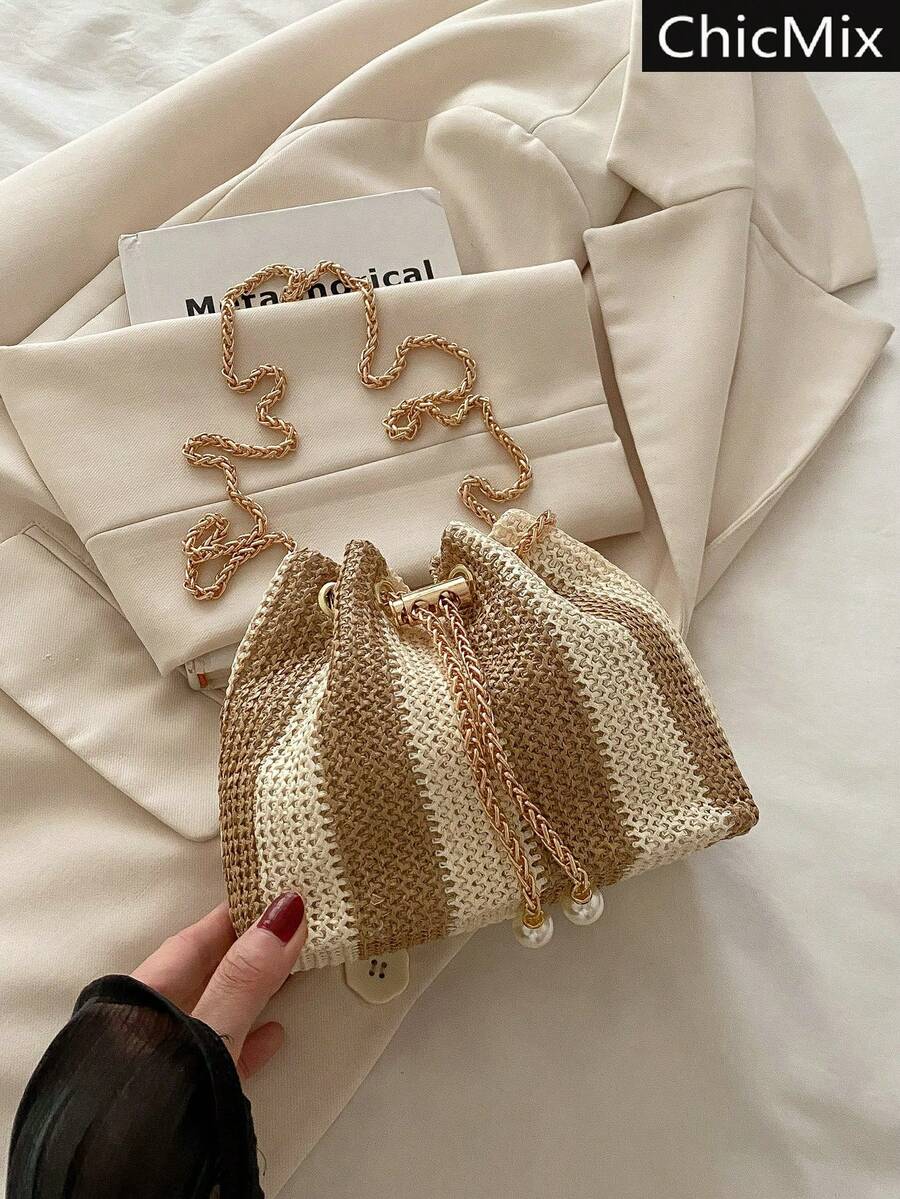 Bolso de hombro tipo cubo en miniatura con cadena y rayas de contraste de moda - Multicolor - Ver 1