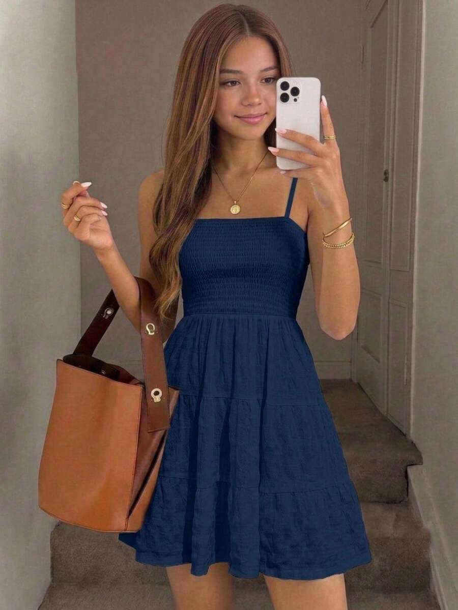 Teen Girls Solid Color Adjustable Strap Casual Dress (YY823) - Navy Blue - View 1