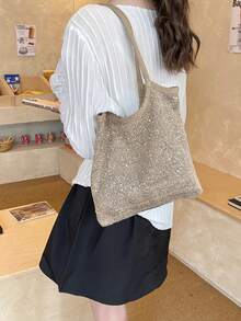 Shiny Sequin Embellished Transparent Mesh Overlay Large Capacity Open-Top Lightweight Soft Versatile INS French Chic Shoulder Bag For Work, Shopping, Dating - Khaki - View 8