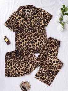 3pcs/Set Women Leopard Print Pocketed Short Sleeve Top & Shorts & Pants Pajamas Set, Suitable For Spring, Summer - Multicolor - View 1