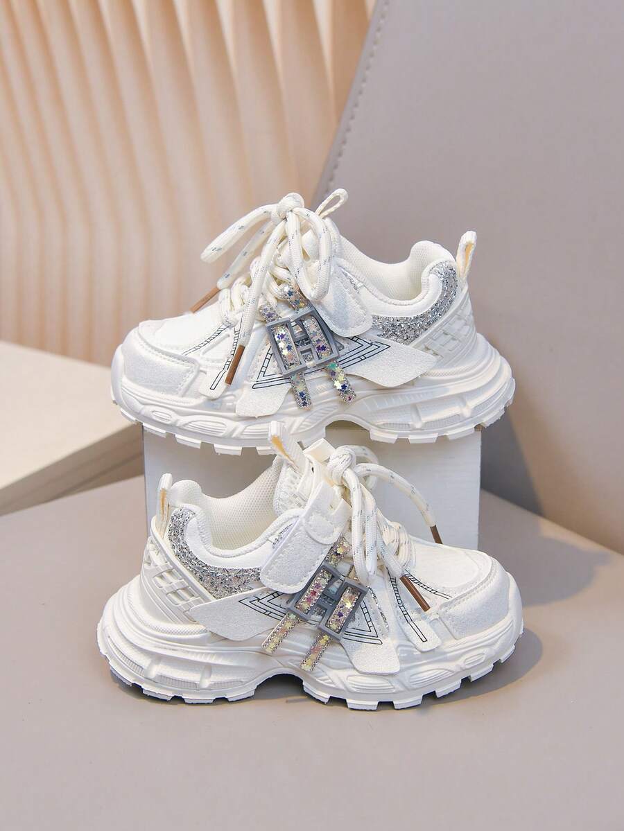 1 Pair New Girls' Sequin Rhinestone Thick Sole Sneakers, Casual Fashion Breathable Height-Increasing Chunky Sneakers - Beige - View 1
