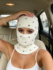 1pc Women's Y2K Rhinestone Balaclava Hat, Unisex One-Hole Knitted Head Cover, Fashionable Face Mask Cap, Suitable For Daily Streetwear And Party - Single-hole Head Cover - View 4