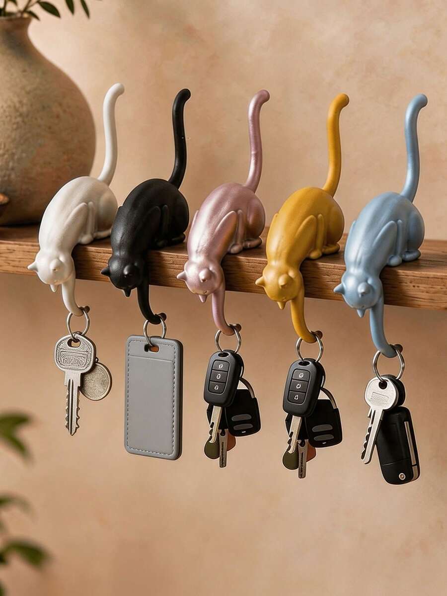 24/1pc Creative Black & Multicolor Cat Edge Hook, Plastic Hanging Key Storage Rack, Suitable For Floating Shelves, Cute Paw & Tail Shaped Decorative Rack, Entryway & Living Room Decor, Suitable For Adult Cat Lovers, All Season