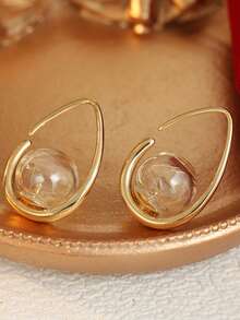 Gmzalx Fresh Literary Style Women's Water Drop Ear Hooks, Dandelion Dried Flower Glass Ball, Multi-Functional Daily Commute Picnic Date Minimalist Earrings - Gold - View 7