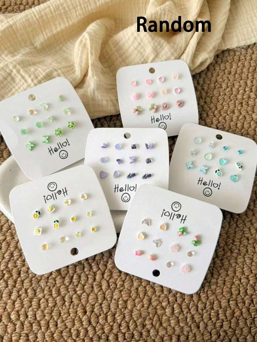 Random 12pcs/Pack Versatile Small Sweet Floral Stud Earrings, Suitable For Girls - Multicolor - View 1