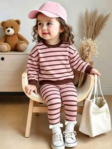 Baju Bayi Perempuan Bergaris, Atasan Lengan Panjang Leher Bulat dan Legging - Berwarna merah muda - View 1
