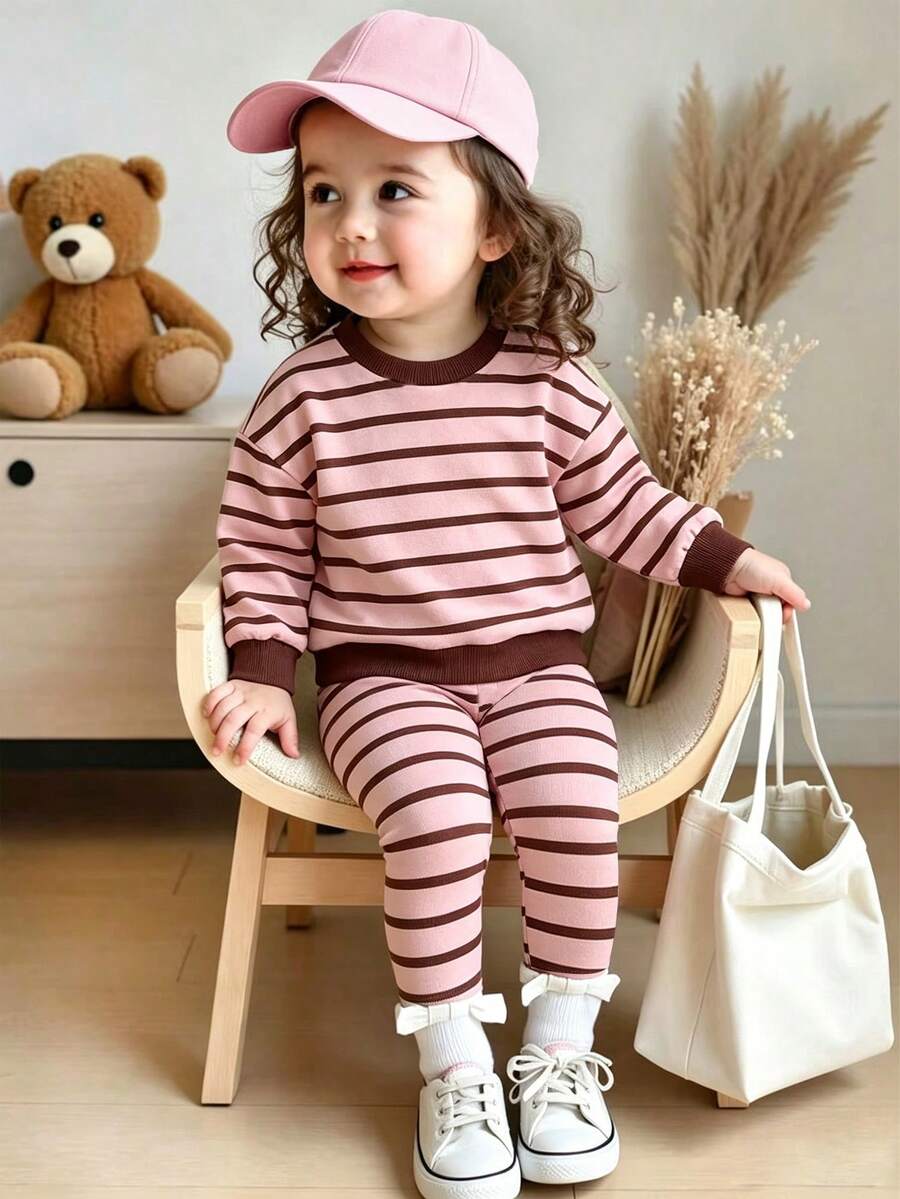 Baju Bayi Perempuan Bergaris, Atasan Lengan Panjang Leher Bulat dan Legging - Berwarna merah muda - View 1