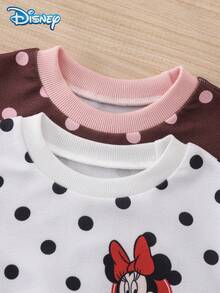 Disney 4Pcs Baby Girl Autumn Minnie Mouse Color Block Polka Dot Print Ribbed Long Sleeve Sweatshirt Set, Fashion White & Coffee Elastic Waist Long Pants Sweatpants, Cute Casual Spring Outfit - Multicolor - View 3