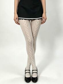 Summer Fashion Women's Cable Knit Print Fishnet Tights, Mesh Leggings, Elegant Sexy Mature Vintage Style, High Elasticity Comfortable Fitted Bodycon Leggings For Daily Casual, Dating, Party, Vacation - White - View 3