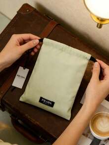 Prada Beauty Light Beige Canvas Drawstring Pouch, Soft Fabric Large Capacity Travel Skincare Cosmetic Storage Bag Multi-Purpose Portable Makeup Organizer Ladies Daily Beauty Gift PRADA-GIFT-36 - Two-tone Mint Green and Black - View 5