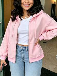 Plus Size Women's Zip-Up Sweatshirt With Drawstring And Pockets Casual - Baby Pink - View 3