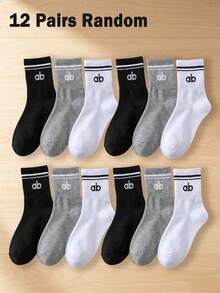 3/6/12 Pairs Kids Double Stripe Cuff AB Letter Print Soft Sweat-Absorbent Mid-Calf Socks, Campus Daily Street Style All-Season - Multicolor - View 20
