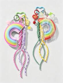 1pc New Exquisite Sweet Fashion Dopamine Leather Rainbow Heart Star Braided Rope DIY Keychain Bag Pendant - Multicolor - View 1