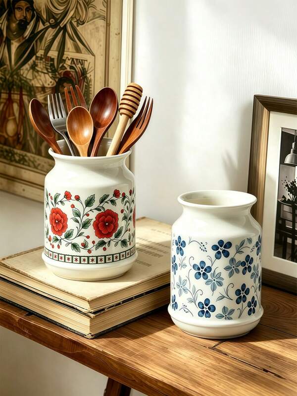 1pc Floral Ceramic Storage Jar, Tableware Organizer, Chopstick Holder, Suitable For Kitchen Storage, Tableware Storage, Home Decor, Back To School Supplies, Holiday Gifts