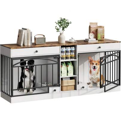 Outop Double Dog Crate Furniture 78.7" – Wooden Kennel TV Stand With 2 Storage Drawers, 3 Open Shelves & Built-In Bowls For 2 Small To Medium Dogs