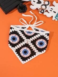 1pc Handmade Crochet Halloween Theme Headscarf, Fun Ghost & Eye Pattern, Tie-Up Triangle Hair Bandana, Party/Daily Versatile Hair Accessory - A - View 9