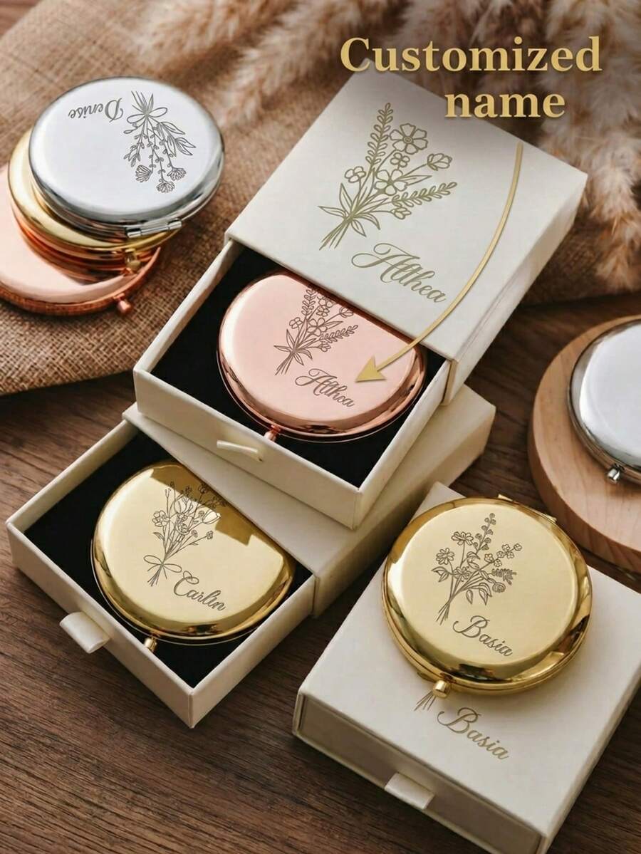 個性化生日花卉鏡子，客製化姓名禮物，伴娘禮物，新娘派對禮物，婚禮禮物，母親節刻字化妝鏡，畢業禮物 - 彩色 - 查看 1