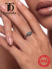 Tysoendlay 1 pieza Anillo de promesa de plata de ley 925 estilo bohemio con ágata natural y hoja de musgo, anillo de boda con piedra de nacimiento, regalo de joyería para mujer, regalo de aniversario - Plata antigua - Ver 1