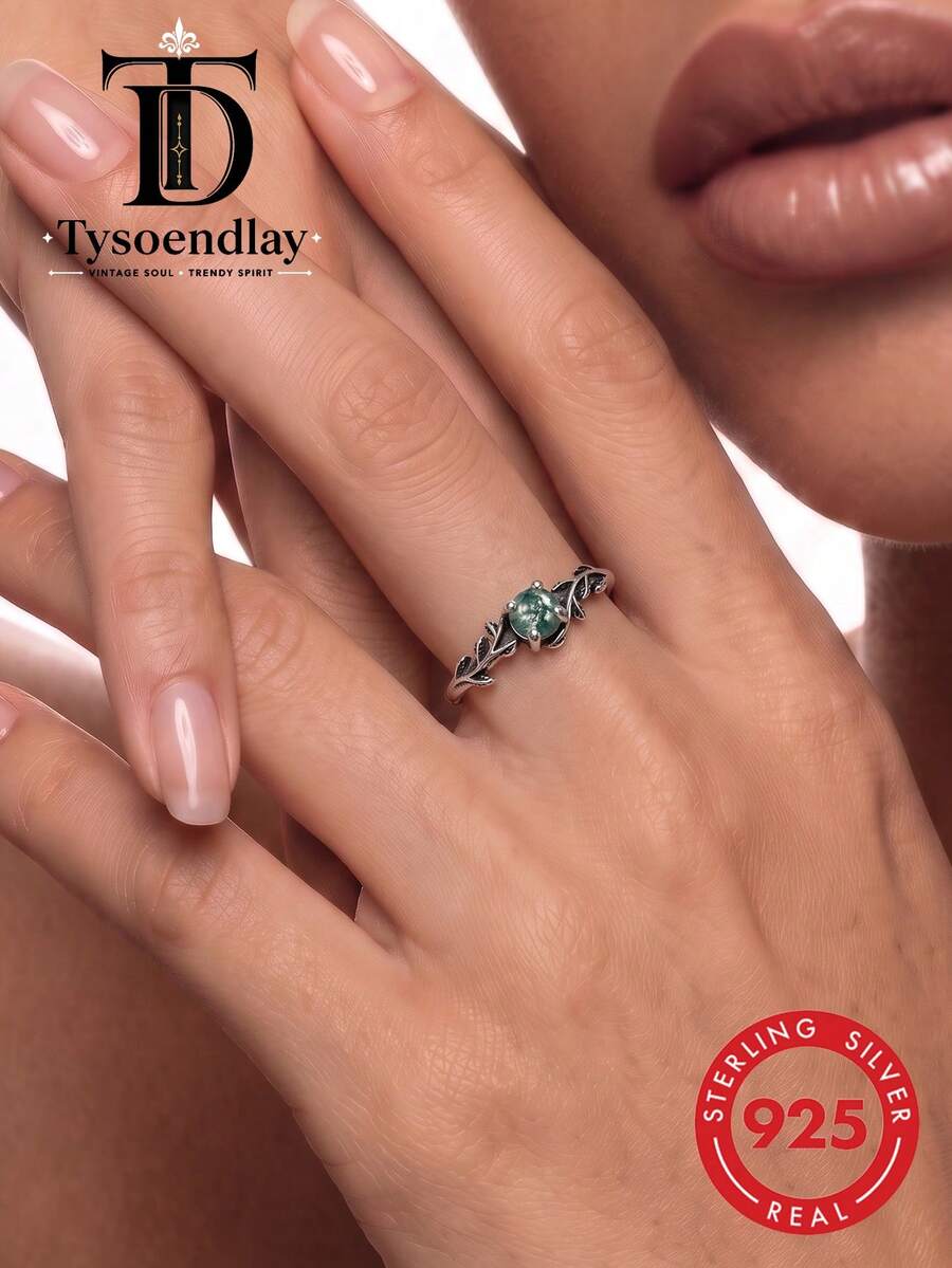 Tysoendlay 1 pieza Anillo de promesa de plata de ley 925 estilo bohemio con ágata natural y hoja de musgo, anillo de boda con piedra de nacimiento, regalo de joyería para mujer, regalo de aniversario - Plata antigua - Ver 1