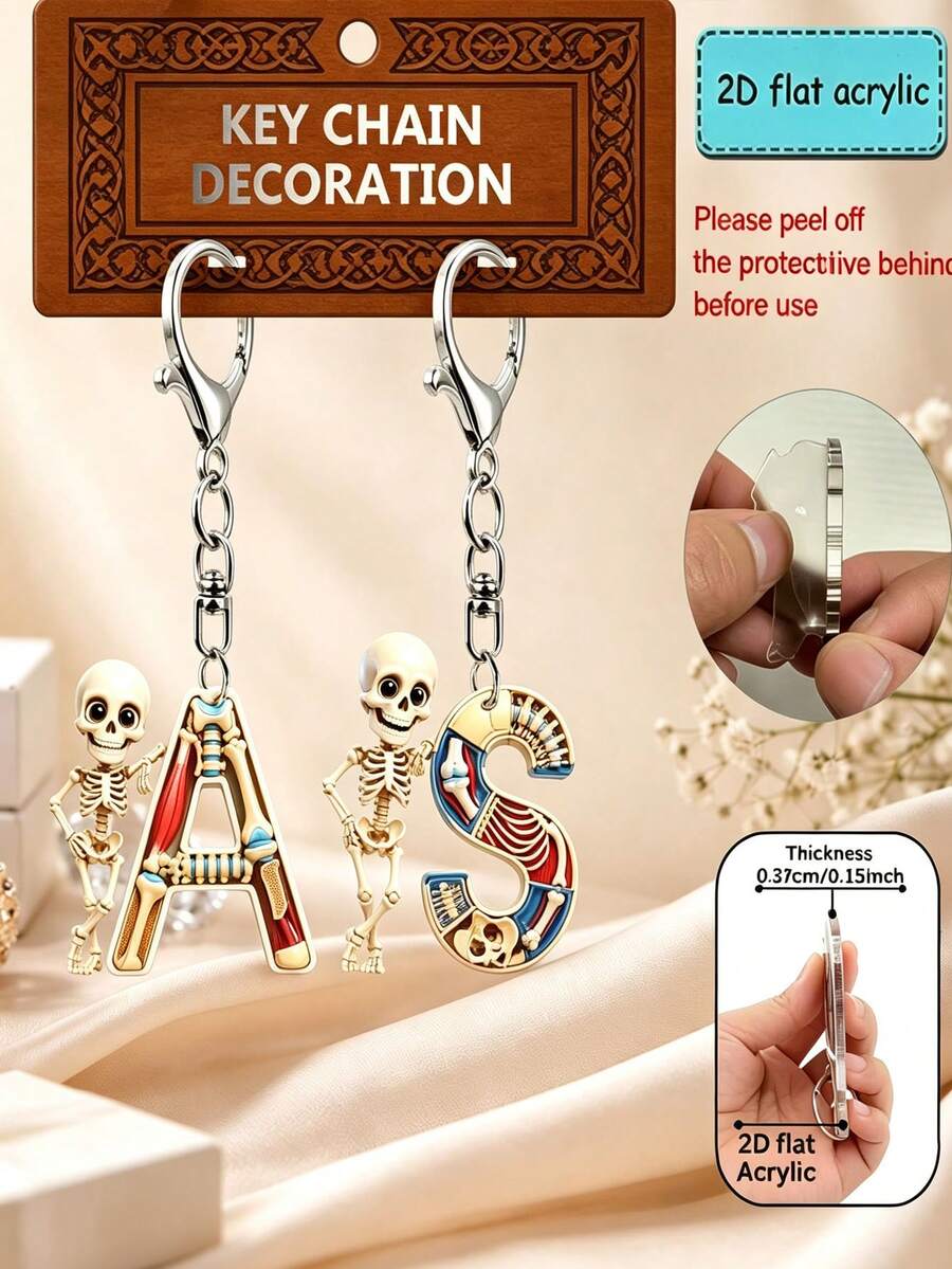 2D Flat Halloween Acrylic Keychain, 26 Letters Skull Medical Model Key Ring, Fashion Bag Charm, Perfect Gift For - Skeleton - View 1