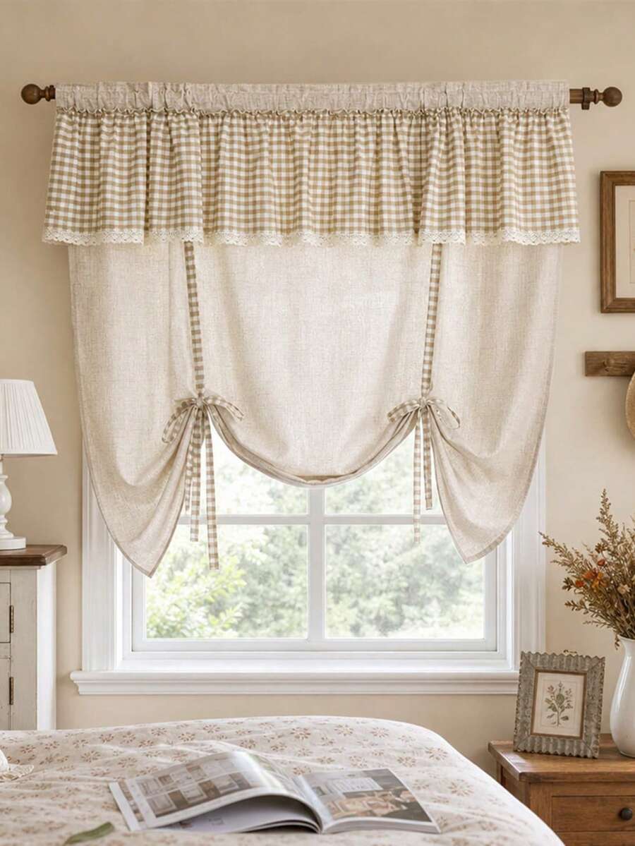 1pc Vinatge Plaid Valance Tie Up Curtain, Farmhouse Linen Balloon Window Shade, Light Filtering Adjustable Bow Roman Curtain For Bedroom Kitchen Cafe Window Decor - Beige - View 1