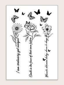 Daisy Butterfly Line English Word Phrase Pattern Temporary Tattoo Stickers, Suitable For Wrist, Ankle, Shoulder, Neck, Collarbone DIY Daily Party Holiday Gift, Waterproof Realistic Tattoo Stickers - Black - View 4